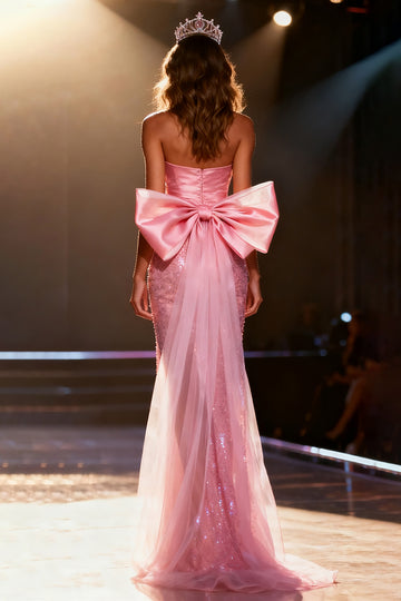 Sparkly Light Pink Sequin Strapless Long Pageant Dress with Slit